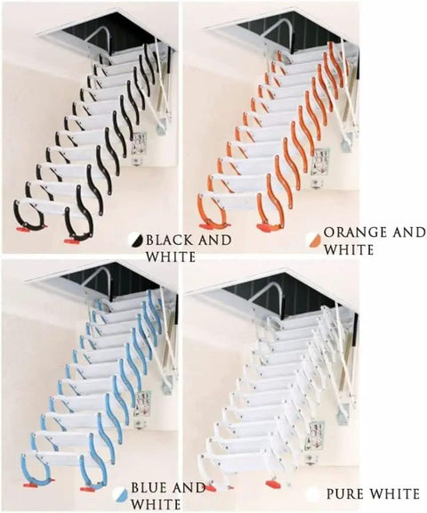 Top Tier Electric Pull Down Attic Ladder Retractable Ceiling Staircase Telescopic Foldable Loft Access Frame in black, orange, blue, and white.