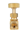 Gold brass needle valve with knurled knob; 1/4 NPT female x 1/4 NPT female connection, front view