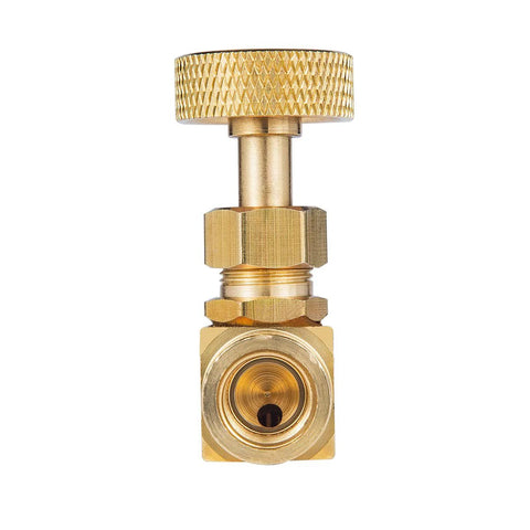 Gold brass needle valve with knurled knob; 1/4 NPT female x 1/4 NPT female connection, front view