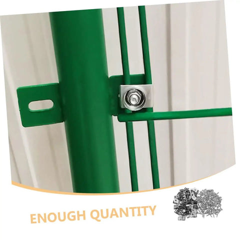Heavy Duty Stainless Steel Wire Clips For Fencing And Animal Cages Quick And Easy Assembly 100 Sets Garden Fence Clamps For Cats Dogs Rabbits Chickens Durable Pet Cage Connectors installed on green fence
