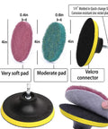 Drill Powered Tile Scrubber Kit With 4 Inch Disc Pad Holder and six scrub pads showing stiffness levels and assembly.