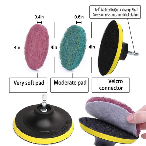 Drill Powered Tile Scrubber Kit With 4 Inch Disc Pad Holder and six scrub pads showing stiffness levels and assembly.