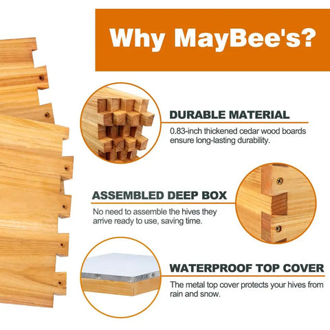 10 Frame Beehive Starter Kit with Beeswax Dipped Frames showing cedar wood durability, assembled deep box, and waterproof cover.