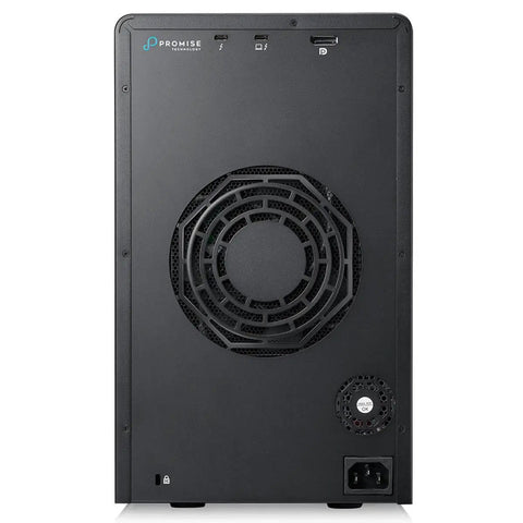 Back view of an 80TB external RAID drive with cooling fan, ports, and power connection for seamless integration.