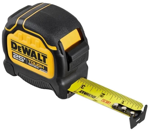 Tough Series 25 ft tape measure with magnetic clip and double sided blade pro grade heavy duty housing.