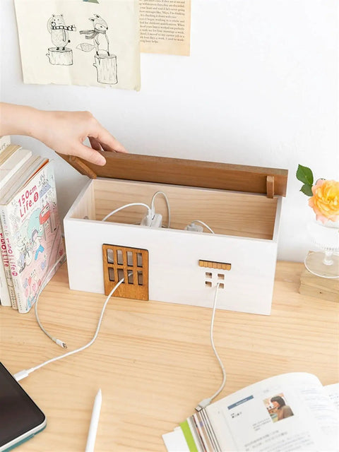 Wooden Cable Management Box For TV And Computer Setup Hidden Cord Organizer and Power Strip Storage with charging hole