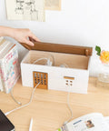 Hidden Cable Management Box Organizer For Home Office And TV Setup, Wooden Style Cord Protector opened on desk