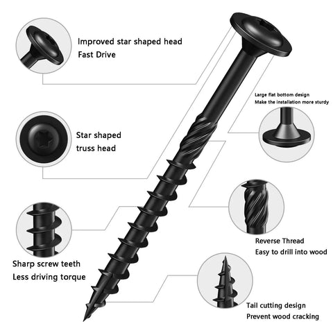 Size 10 X 3 Inch Structural Wood Screws Heavy Duty Lag Fasteners Washer Head Black Coated Rust Resistant view with enhanced star drive features.