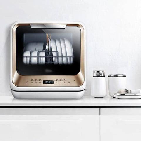 Hassle Free Plug And Play Slick Countertop Dishwasher Fully Automatic Mini Desktop Cleaner in a modern kitchen with plates inside.