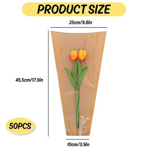 Image showing a single kraft paper floral packing sleeve with orange tulips inside, measures 25cm x 10cm x 45.5cm.