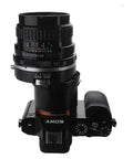 Pro Tilt Shift Lens Mount Adapter For Pentax 6x7 Lenses To Sony E Mount Cameras Infinity Focus Enabled 20mm Total Shift 10 Degrees Tilt 360 Degree Rotation High Precision Build For Professional Shooters mounted on Sony camera
