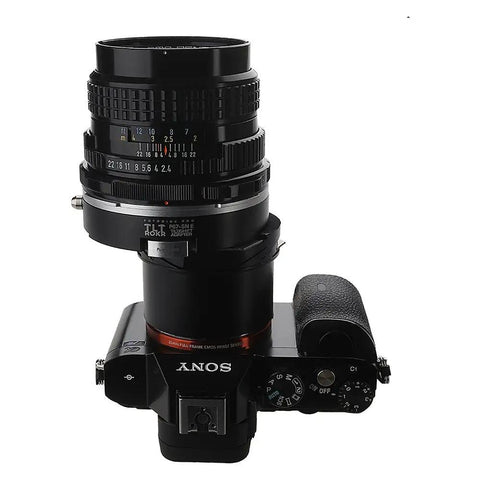 Pro Tilt Shift Lens Mount Adapter For Pentax 6x7 Lenses To Sony E Mount Cameras Infinity Focus Enabled 20mm Total Shift 10 Degrees Tilt 360 Degree Rotation High Precision Build For Professional Shooters mounted on Sony camera
