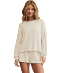 Daydream Rib Top For Women, Lightweight Brushed Knit Crew Neck Tee In Bone, Ultra Stretchy Soft Ribbed Shirt For Casual Comfort And All Day Everyday Style, front view