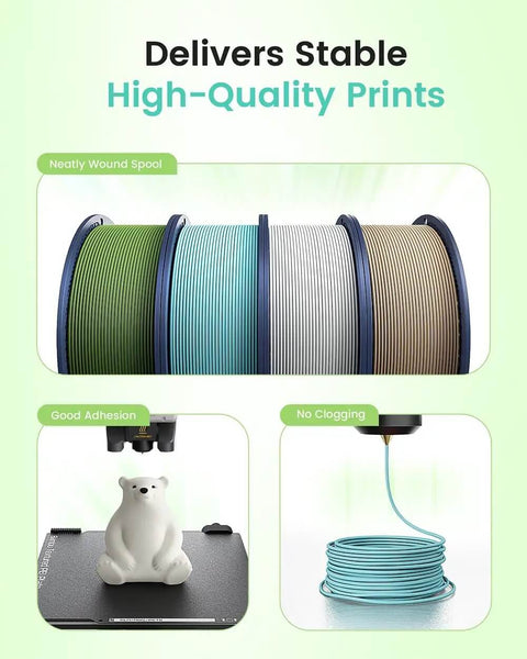 Neatly wound multi-color filament spools showcasing stability with bear print and smooth extrusion.