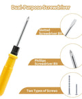 Image of a dual-purpose screwdriver with slotted and Phillips bits and two types of screws illustrated on a white background.