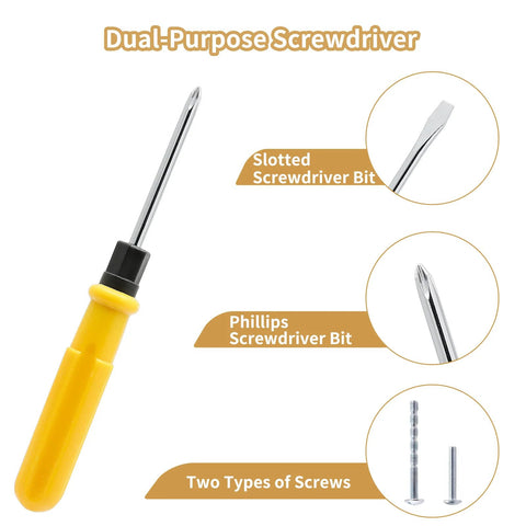 Image of a dual-purpose screwdriver with slotted and Phillips bits and two types of screws illustrated on a white background.