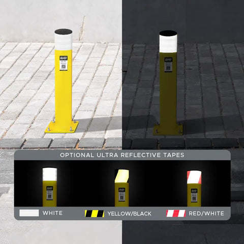 Heavy Duty Steel Bollards 42 Inches Tall With Yellow Black Reflective Tape And Concrete Fillable Core for outdoor visibility.
