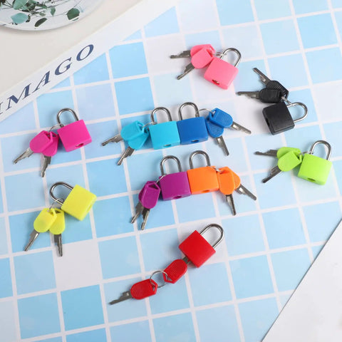 10 Pack Small Luggage Locks With Keys on blue grid; colorful durables metal padlocks for travel, school gym; copper and ABS material