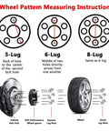 Wheel pattern measuring instructions for 5-lug, 6-lug, and 8-lug setups with visual diagrams and parts.
