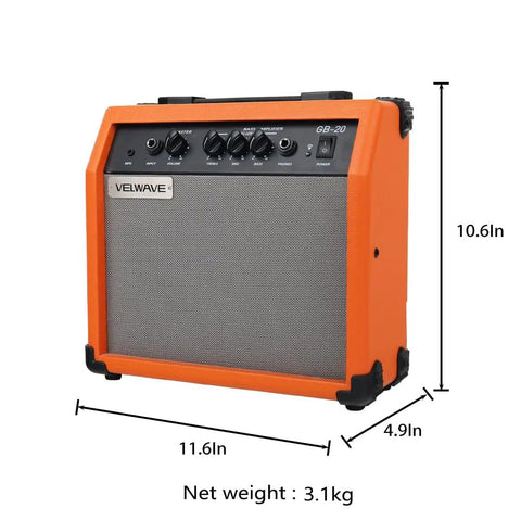 20W Portable Bass Amp For Practice With 6.5 Inch Speaker Orange Finish MP3 Input Headphone Jack Treble Middle Bass Controls