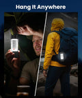 Person hanging Ultra Bright Camping Lantern With 1000LM LED Floodlight And 5000mAh Battery, 6 Modes on tent and backpack.