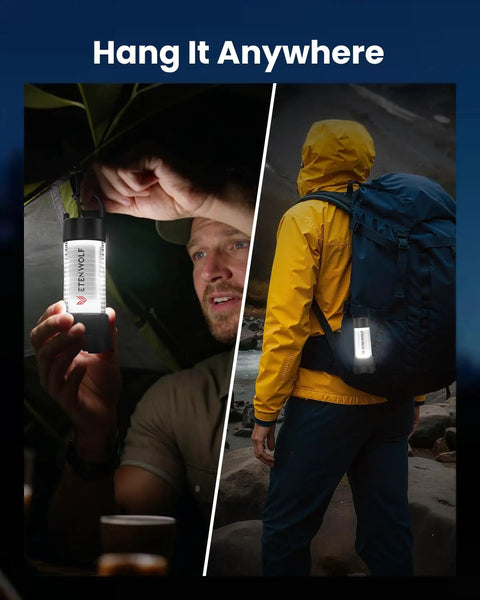 Person hanging Ultra Bright Camping Lantern With 1000LM LED Floodlight And 5000mAh Battery, 6 Modes on tent and backpack.