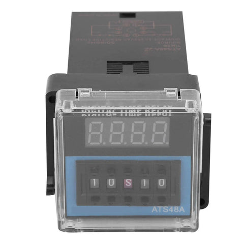 Beefed-Up Time Delay Relay For Industrial Automation And Machinery, Adjustable Cycle Timing, DC 12V Control, Digital Setting, Big Contact Points, Precise Digital Timing For Factory Equipment front view with clear cover and LED display
