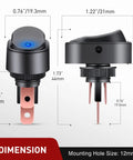 Five Pack LED Lighted Rocker Switch Set 12V Blue LED Illuminated Toggle On Off 30A 3Pin SPST Oval 12mm Hole dimensions