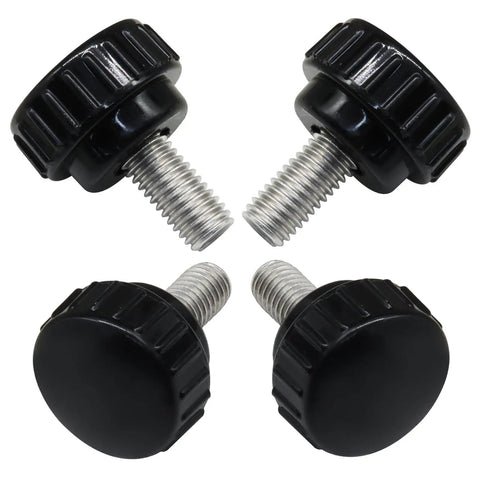 Built Tough M8 X 16mm Knurled Thumb Screws 4 Piece Set Crafted From Solid 304 Stainless Steel, black knurled grips and precision threads.