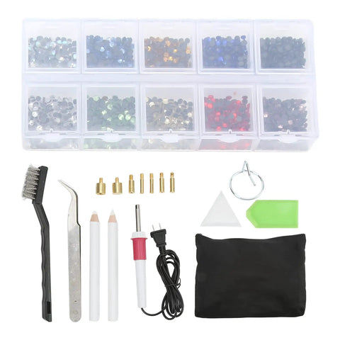 Fast Heat Hotfix Rhinestone Applicator Gear For DIY Crafts On Leather Clothes TShirts Wallets With Storage Bag Quick Heat Up In Minutes And Wide Application US Plug, showing components and storage bag.