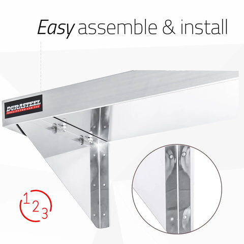 Rock Solid Stainless Steel Wall Mount Shelf 24 Inch Wide 14 Inch Deep Heavy Duty Commercial Grade NSF Certified, side view