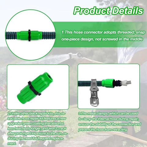 Stop Ditching Your Garden Hose And Get This Expandable Repair Kit With Dual-Channel Hose Connectors For A Watertight Seal That Keeps Pressure High As New Without Leaks Or Annoying Messes On The Lawn. Green ABS hose connector and metal clamp repair kit for expandable garden hose