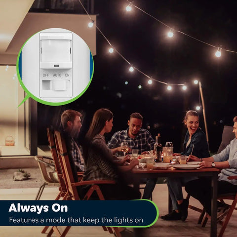 Motion Sensor Light Switch No Neutral Wire Required 150W Dimmable LED PIR Sensor, outdoor dining scene.