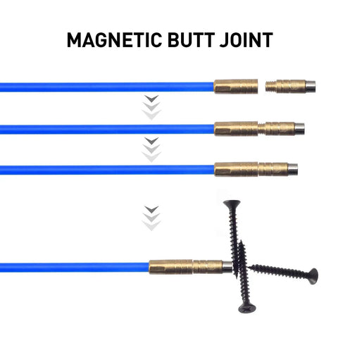 Magnetic butt joint connection of Badass Heavy Duty 50 Foot Fiberglass Cable Wire Fish Rod Pull Kit features brass connectors.