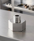No Sweat 304 Stainless Steel Hex Reducer Adapter For Heavy Duty Plumbing showing 1-1/4 inch NPT female end on a metal surface.