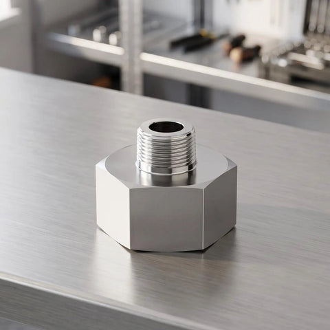 No Sweat 304 Stainless Steel Hex Reducer Adapter For Heavy Duty Plumbing showing 1-1/4 inch NPT female end on a metal surface.