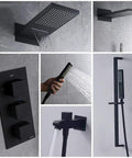 Wall Mounted Concealed Shower System With All Copper Thermostatic Valve Slick Matte Black Finish In Wall Waterfall Rain Shower Set showing spray head, control panel, and hand shower.