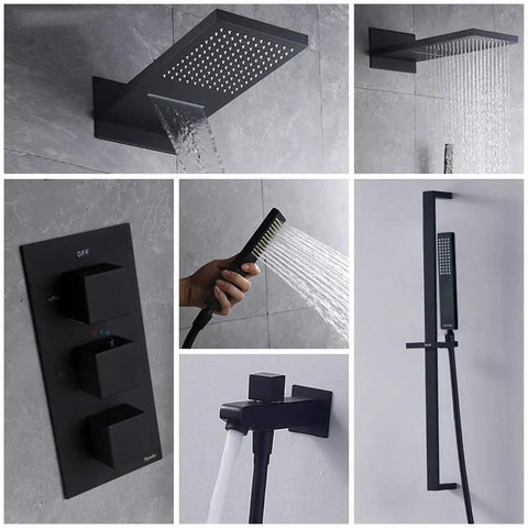 Wall Mounted Concealed Shower System With All Copper Thermostatic Valve Slick Matte Black Finish In Wall Waterfall Rain Shower Set showing spray head, control panel, and hand shower.
