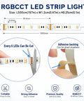 Diagram showing features of 24V RGB CCT 5 In 1 LED Strip Lights With Tunable White Ultra Bright 300 LEDs, adhesive backing, cuttable.