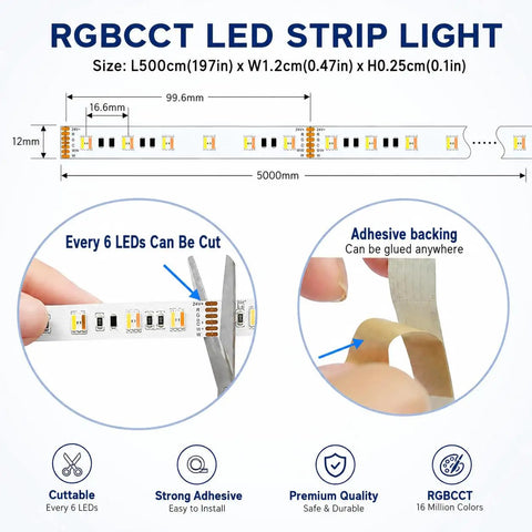 Diagram showing features of 24V RGB CCT 5 In 1 LED Strip Lights With Tunable White Ultra Bright 300 LEDs, adhesive backing, cuttable.
