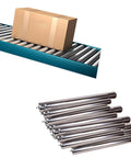 Heavy Duty Stainless Steel Gravity Roller Conveyor Kit Twenty Pack with cardboard box on rollers and stainless steel rollers.