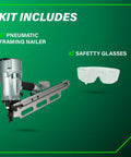 Top Shelf Pneumatic Framing Nailer With Smooth Operator Depth Tweaks And Heavy Duty Aluminum Magazine For Snag Free Shooting Of 21 Degree Collated Nails Up To 3 1/4 Inches Long Built Sick Tough kit including nailer and safety glasses.