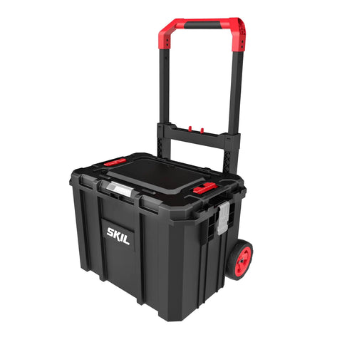 Built Tough No Sweat 20V Brushless Nine Piece Cordless Power Tool Combo Kit rolling tool box with durable black design and red accents.