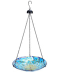 11 Inch Hanging Glass Bird Bath With Peacock Pattern Outdoor Bird Feeder And Garden Decor For Yard Bright Colorful Wavy Rim