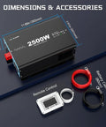 Dimensions and accessories of 48V 2500W Pure Sine Wave Inverter for Off Grid Power 110V AC Output with cables and remote