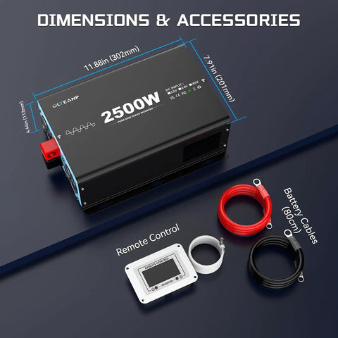Dimensions and accessories of 48V 2500W Pure Sine Wave Inverter for Off Grid Power 110V AC Output with cables and remote