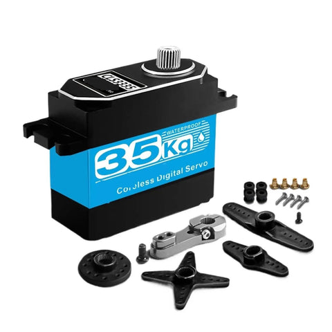 Kickin Torque Heavy Duty Digital Servo With High Voltage Coreless Motor And Full Metal Gears For Rc Cars Boats Trucks Waterproof Hi Power 35Kg 270 Deg Rotation Diy Rigs Built To Last Forever, black and blue servo with accessories