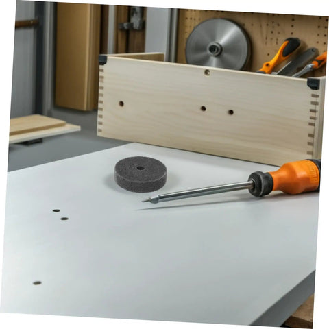 Heavy Duty Nylon Polishing Wheel Set With 10mm Hole For Quick Grinder Attachment on a workbench for polishing tasks.