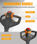 Ergonomic handle with large buttons for easy operation on Compact Electric Pallet Stacker Rock Solid Workhorse 3300 Lb Capacity 138 Inch Max Lift Height Gel Battery Powered Forklift.