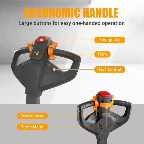 Ergonomic handle with large buttons for easy operation on Compact Electric Pallet Stacker Rock Solid Workhorse 3300 Lb Capacity 138 Inch Max Lift Height Gel Battery Powered Forklift.
